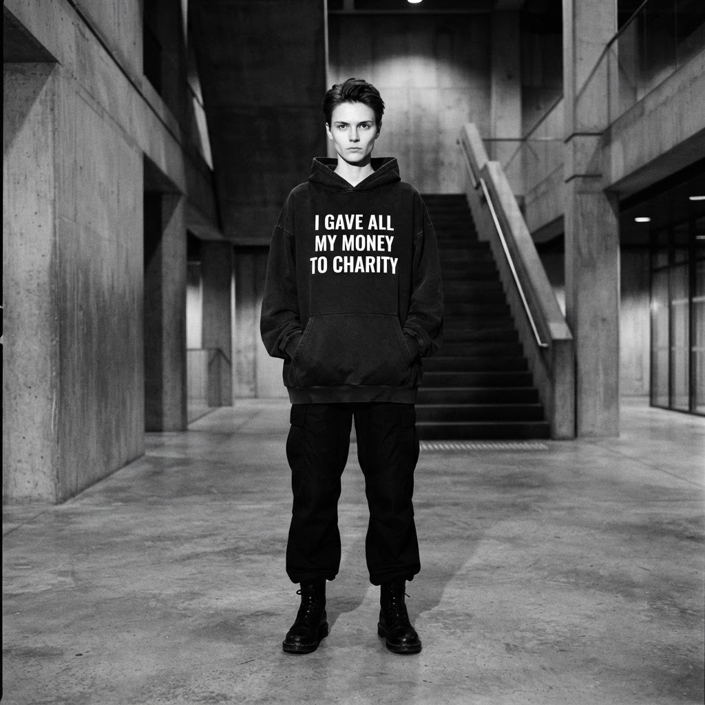 Model wearing the black All My Money Hoodie in a concrete lobby
