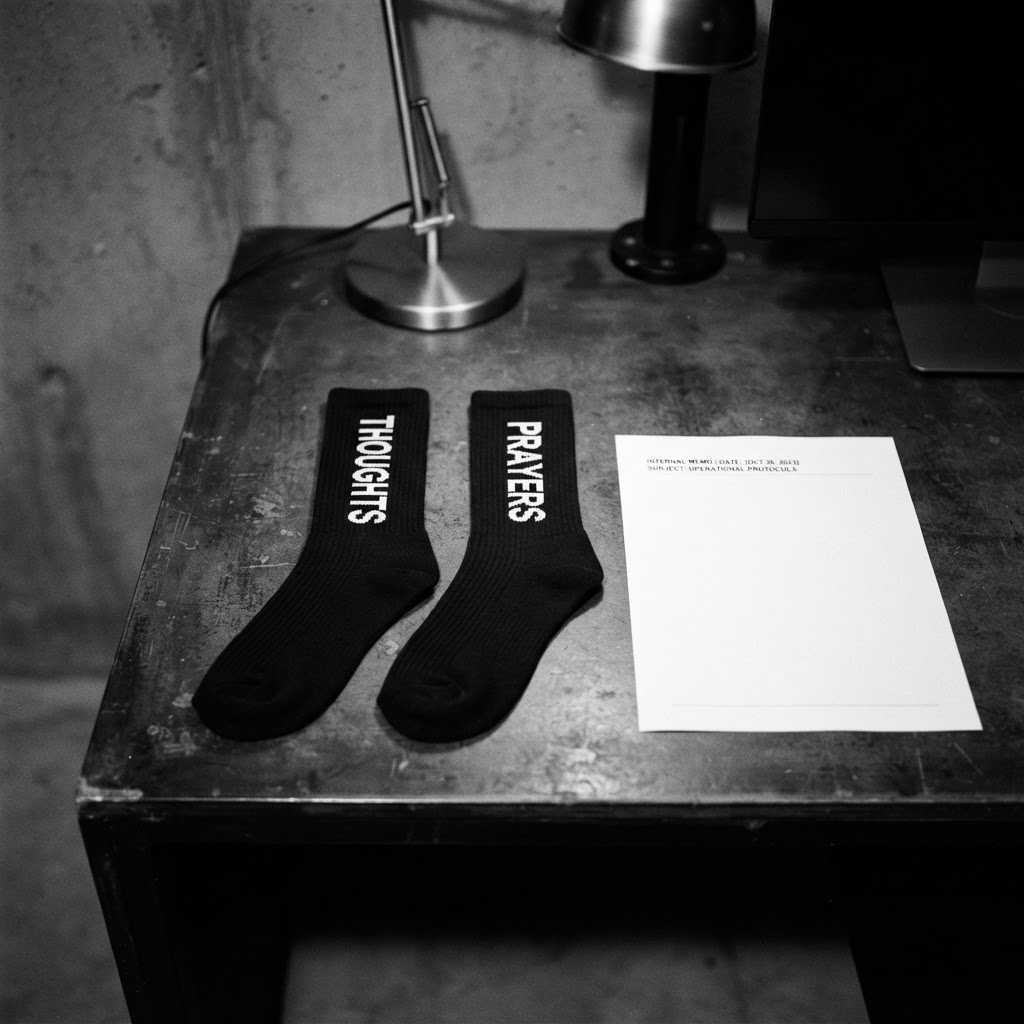 Black and white Thoughts and Prayers socks displayed on an office desk